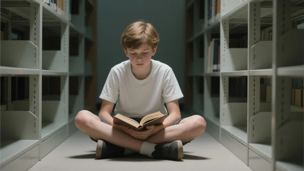 Adolescent assis par terre dans un coin de bibliothèque scolaire, lisant un livre caché entre ses genoux, rayonnages partiellement vides autour de lui, lumière tamisée
