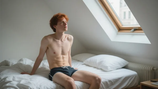 Jeune homme torse nu en maillot de bain assis sur un lit défait dans un petit studio parisien sous les toits, sueur sur le front, fenêtre ouverte laissant entrer la lumière du jour, atmosphère étouffante