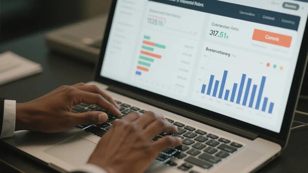 Plan serré sur un tableau de bord numérique avec des tarifs et des graphiques de réservation, mains d'un concierge pianotant sur un clavier rétroéclairé