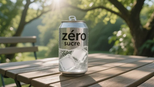 Canette de soda ouverte posée sur une table de jardin, glaçons fondant, étiquette indiquant 'zéro sucre', lumière du soleil filtrant à travers les arbres