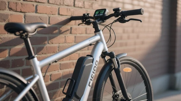 Plan rapproché d'un vélo électrique argenté garé contre un mur en briques, guidon avec écran LCD, batterie amovible fixée au cadre, lumière naturelle de fin d'après-midi