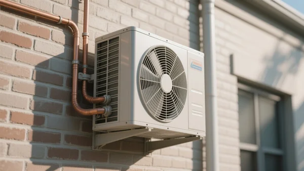 Gros plan sur une pompe à chaleur air-eau installée contre un mur extérieur en brique, avec des raccords de cuivre et un ventilateur, lumière du jour tamisée