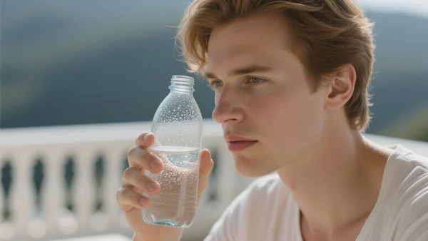 Gros plan sur une main tenant une bouteille d'eau froide, gouttes de condensation sur la peau, arrière-plan flou d'une terrasse ensoleillée