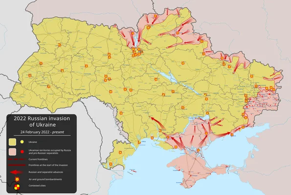 Carte de l'invasion russe de l'Ukraine en 2022, avec territoires occupés et lignes de front.