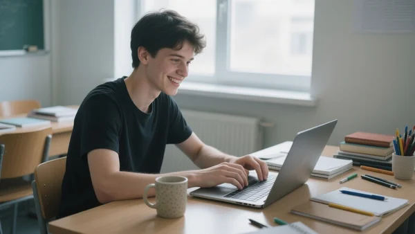 Portrait d'un étudiant souriant regardant son ordinateur portable dans une chambre universitaire lumineuse, tasse de café à côté, fournitures scolaires éparpillées sur le bureau