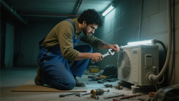 Jeune installateur en bleu de travail vissant un raccord sur une pompe à chaleur dans un sous-sol technique, éclairage LED froid, outillage éparpillé sur un tapis de sol
