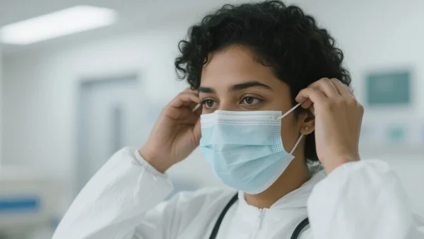 Plan rapproché d'un agent de santé en combinaison de protection blanche ajustant un masque, hôpital moderne en arrière-plan