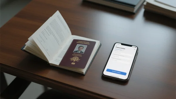 Un passeport français ouvert à côté d'un smartphone affichant une page de formulaire en ligne, vue rapprochée sur un bureau en bois, éclairage froid et anxiogène