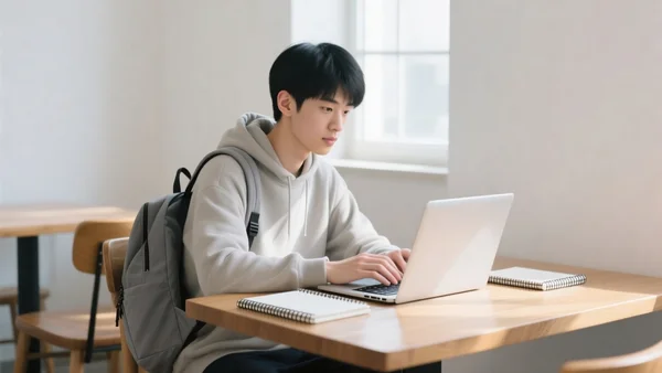 Portrait d'un étudiant chinois devant un ordinateur portable dans un café, sac à dos et cahiers sur la table, lumière naturelle
