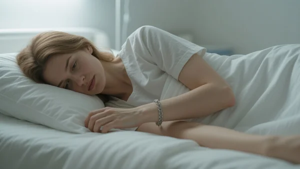 Bracelet connecté posé sur un poignet de femme, fond flou de chambre, lumière tamisée, ambiance intime et médicale