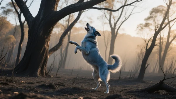 Chien de type Koolie au pelage bleu-merle, debout sur ses pattes arrière, le museau levé vers la cime d'un eucalyptus calciné, paysage de forêt brûlée en arrière-plan, lumière de fin d'après-midi