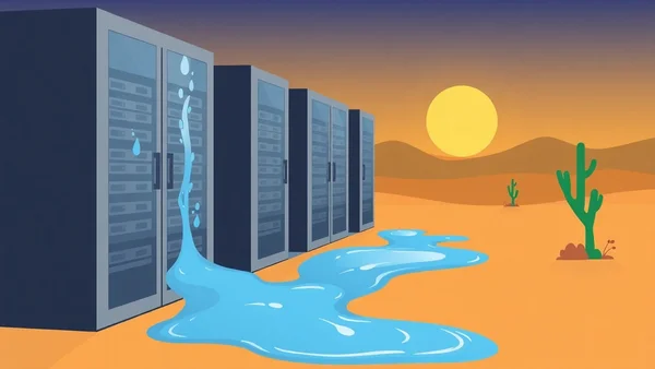 Illustration conceptuelle d'un data center en milieu désertique, symbolisant la consommation d'eau.