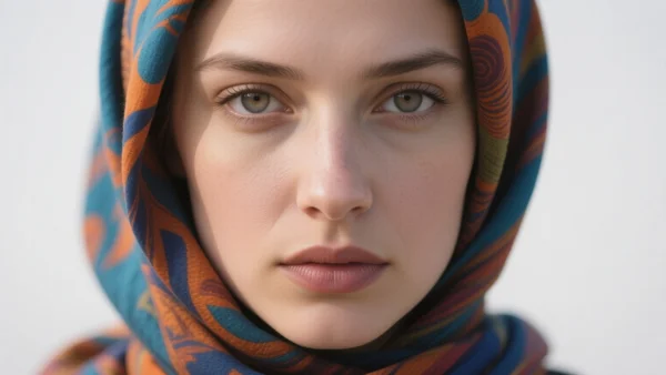 Femme portant un hijab coloré, regard déterminé, gros plan sur son visage et son foulard, lumière naturelle douce