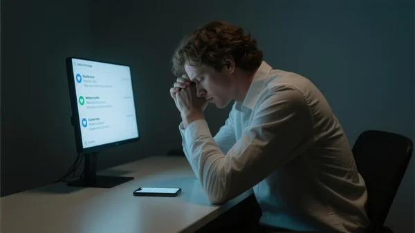 Homme seul assis à un bureau, visage dans les mains, smartphone allumé avec des notifications de messages haineux visibles à côté de lui, pièce sombre, éclairage froid d'écran