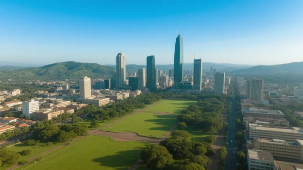 Vue aérienne du centre de Nairobi avec les gratte-ciel modernes, le parc Uhuru et les collines verdoyantes au loin, ciel bleu lumineux