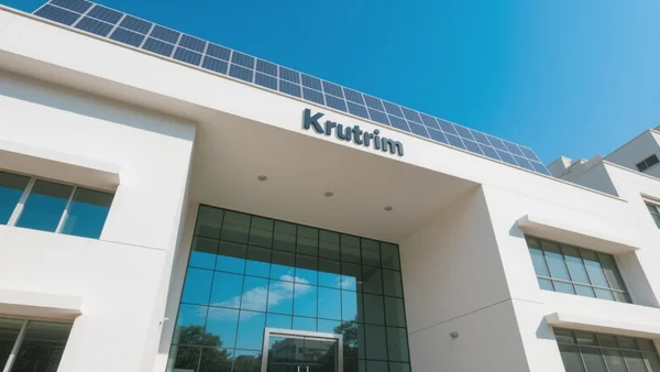 Bâtiment moderne de Krutrim à Bangalore, entrée vitrée avec panneaux solaires sur le toit, ciel bleu lumineux, plan large en contre-plongée