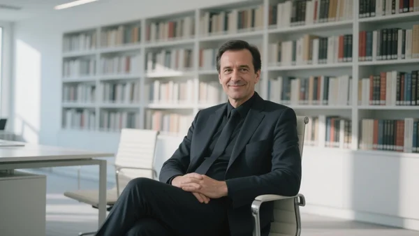 Portrait de François Villeroy de Galhau en costume sombre, souriant légèrement, assis dans un bureau moderne avec des livres en arrière-plan, éclairage doux et professionnel