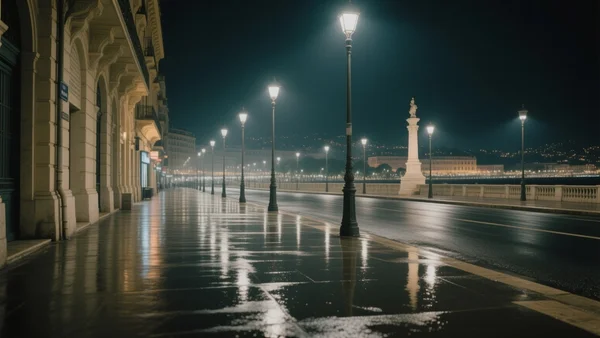 Scène de rue nocturne à Nice, rue de France, lampadaires allumés, trottoir vide, ambiance tendue, plan large