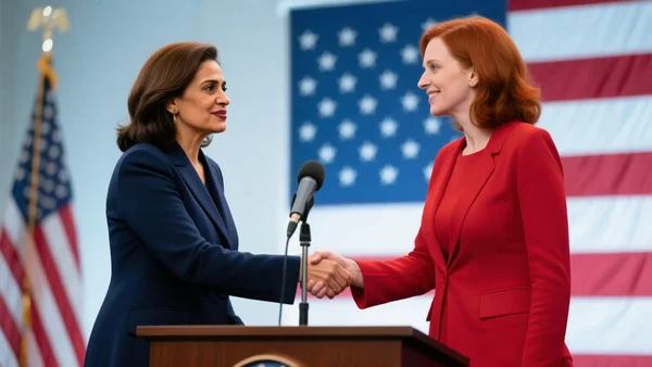 Deux femmes politiques serrant la main devant un micro sur un podium, drapeau américain en arrière-plan, éclairage vif de conférence de presse