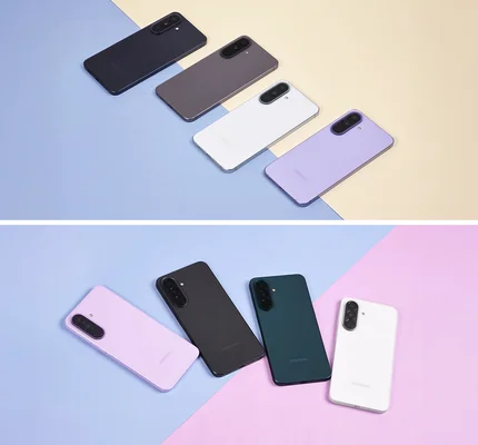 Plusieurs Samsung Galaxy A57 en couleurs variées sur fond bicolore.