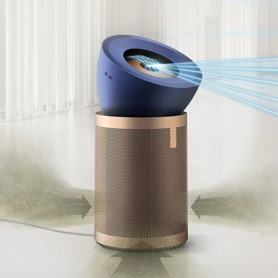 Illustration d'un purificateur d'air Dyson avec flux d'air stylisés.