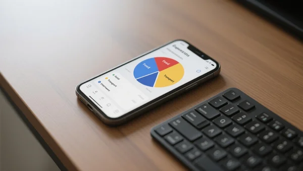 Vue en gros plan d'un smartphone affichant une application de suivi des dépenses avec un graphique circulaire coloré et des catégories de dépenses, posé sur un bureau à côté d'un clavier.