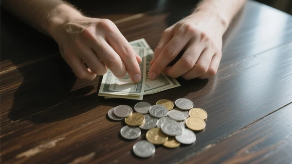Gros plan sur des mains comptant quelques billets de banque et des pièces de monnaie sur une table en bois, lumière naturelle du matin