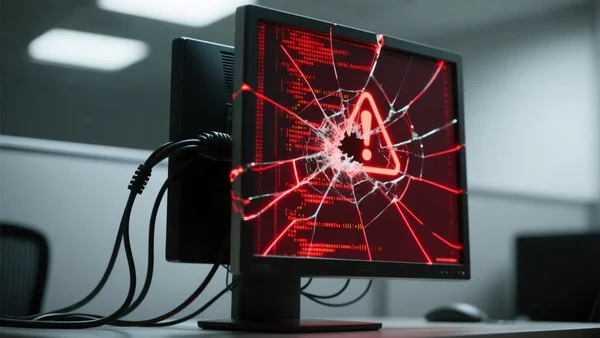 Gros plan sur un écran d'ordinateur fissuré affichant des lignes de code rouge et des symboles d'avertissement, câbles débranchés à l'arrière, éclairage tamisé de bureau