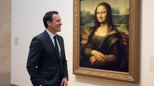Stanley Tucci en costume élégant devant la Joconde au Louvre, regardant le tableau avec un sourire complice, lumière dorée du musée