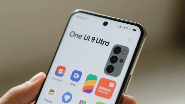 Gros plan sur un Galaxy S26 Ultra affichant l'écran d'accueil de One UI 9, avec des widgets colorés et une interface épurée, lumière naturelle