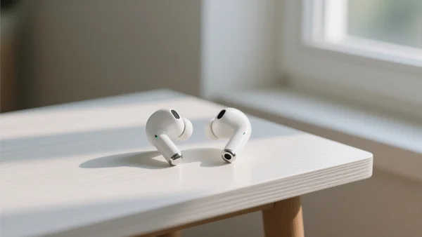 AirPods Pro posés sur une table en bois blanc, lumière naturelle, deux capteurs infrarouges visibles sur la tige