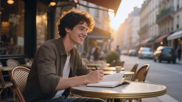 Jeune homme souriant assis seul à une terrasse de café dans une rue animée d'une ville française, un carnet ouvert devant lui, lumière dorée du coucher de soleil