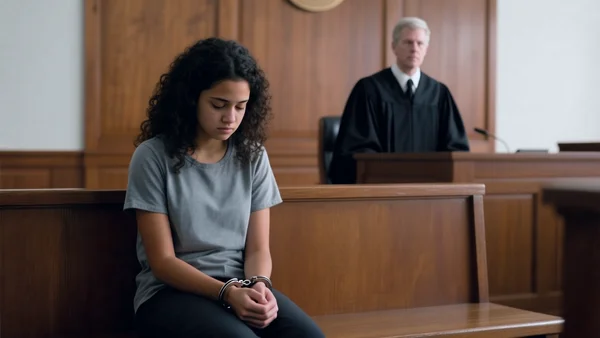 Mains menottées d'une jeune femme assise sur un banc en salle d'audience, fond flou de boiserie et de juge en robe noire