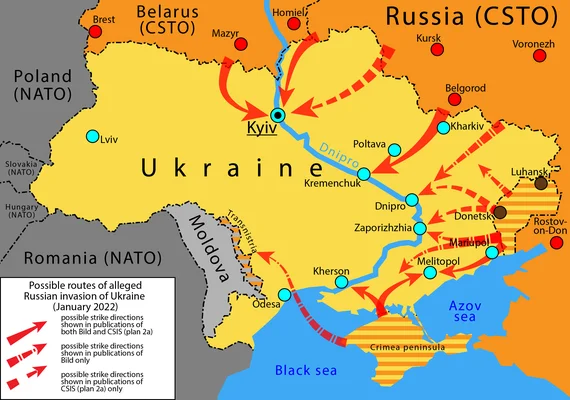 Routes possibles d'une invasion russe de l'Ukraine projetées en janvier 2022.
