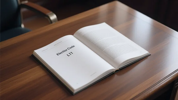 Première page du Code électoral français ouvert, montrant l'article L11, livre ouvert sur un bureau en bois, éclairage doux