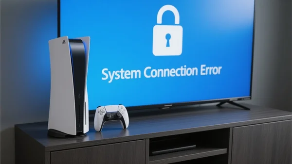 Une console PlayStation 5 et une manette DualSense posées sur un meuble sombre, avec l'écran de télévision en arrière-plan affichant un message d'erreur de connexion système avec un cadenas fermé