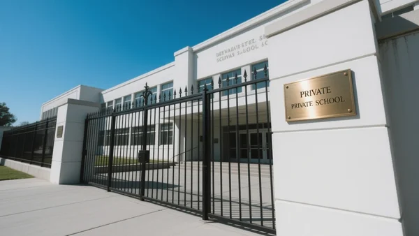 Façade austère d'un collège privé avec une plaque nominative, grille fermée, ciel bleu vide, ambiance institutionnelle froide