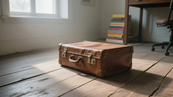 Vieille valise en cuir marron usé posée sur un plancher de bois, lumière tamisée venant d'une fenêtre, un coin de bureau avec des livres en arrière-plan, atmosphère mélancolique