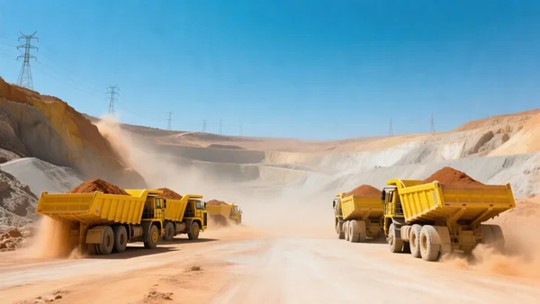 Mine à ciel ouvert au Niger, camions jaunes transportant du minerai d'uranium, poussière ocre, ciel bleu aride, lignes électriques à perte de vue