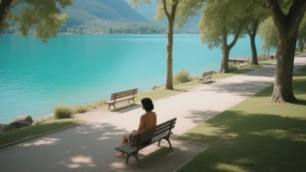 Vue aérienne du parc du Pâquier à Annecy avec le lac turquoise en arrière-plan, bancs et allées ombragées, matin ensoleillé