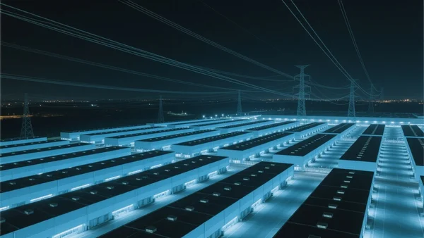 Vue aérienne d'un immense data center illuminé la nuit, avec des rangées de bâtiments industriels et des lignes électriques à haute tension en arrière-plan, ciel sombre