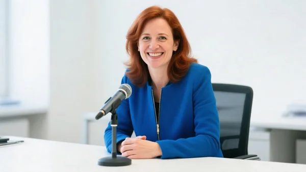 Portrait de Marylise Léon, secrétaire générale de la CFDT, souriante dans un bureau lumineux, veste bleue, micro devant elle