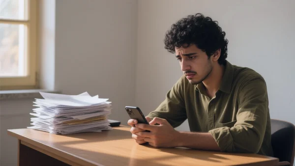 Jeune assis à un bureau, regardant son téléphone d'un air inquiet, tas de papiers administratifs à côté, lumière de fin d'après-midi