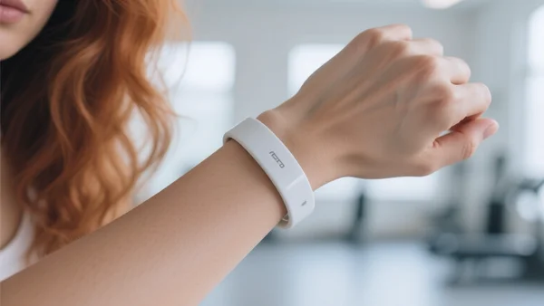 Poignet d'une personne portant un bracelet fitness minimaliste blanc, fond flou d'une salle de sport lumineuse, lumière naturelle