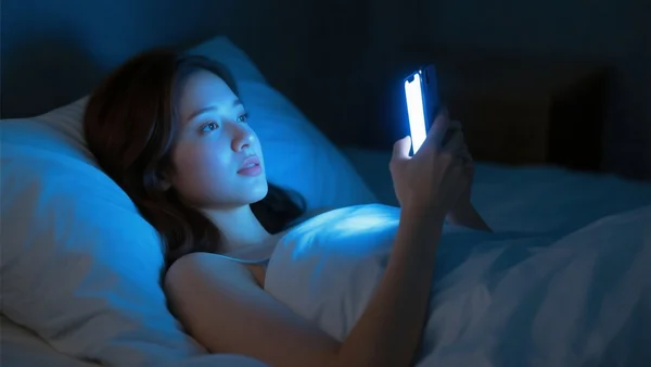 Jeune femme regardant son téléphone dans un lit la nuit, écran éclairant son visage, reflets bleutés, chambre plongée dans l'obscurité