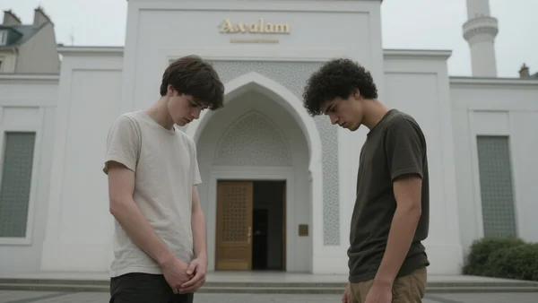 Façade de la mosquée Assalam à Nantes, quartier Bellevue, un jour gris, avec des jeunes hommes en groupe devant l'entrée, regardant vers le sol, ambiance tendue