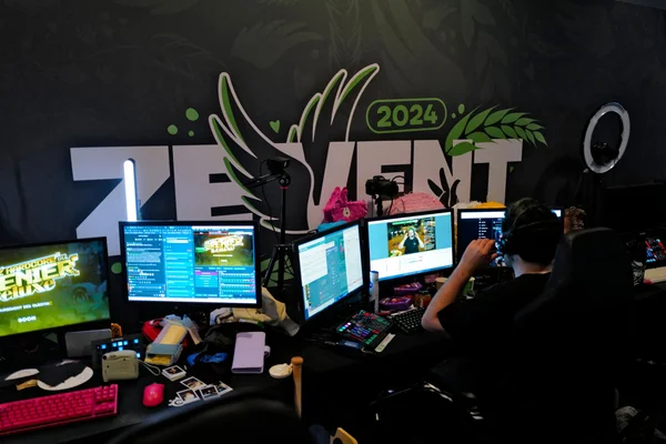Un streamer en pleine session lors du ZEvent, avec la fresque 'ZEVENT 2024' en arrière-plan.