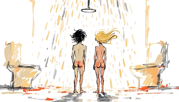 Un homme nu et une femme nue, vus de dos, debout côte à côte dans une salle de bain lumineuse, symbolisant l'hygiène intime masculine et féminine
