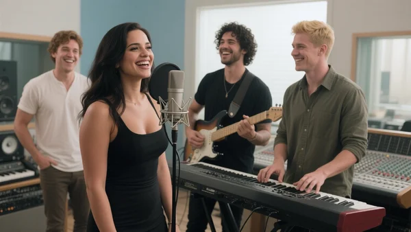 Demi Lovato et les Jonas Brothers souriant dans un studio d'enregistrement lumineux, micros et instruments autour d'eux