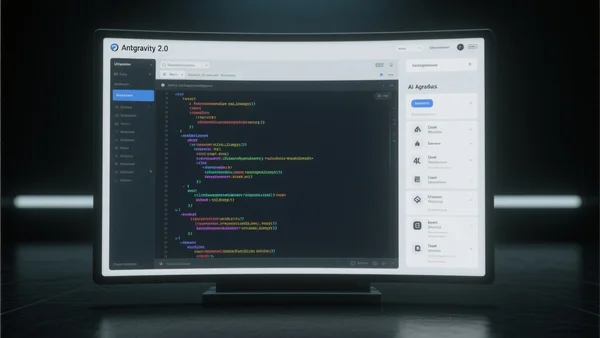 Capture d'écran de l'interface d'Antigravity 2.0 avec un panneau d'agents IA à droite et du code dans l'éditeur central, éclairage moderne sombre